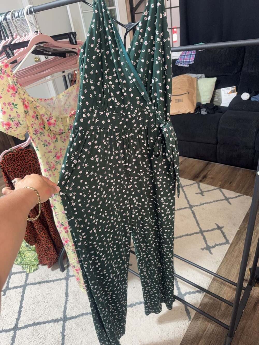 Kaileigh Jumpsuit in Forest Green with White & Pink Flowers Size PS